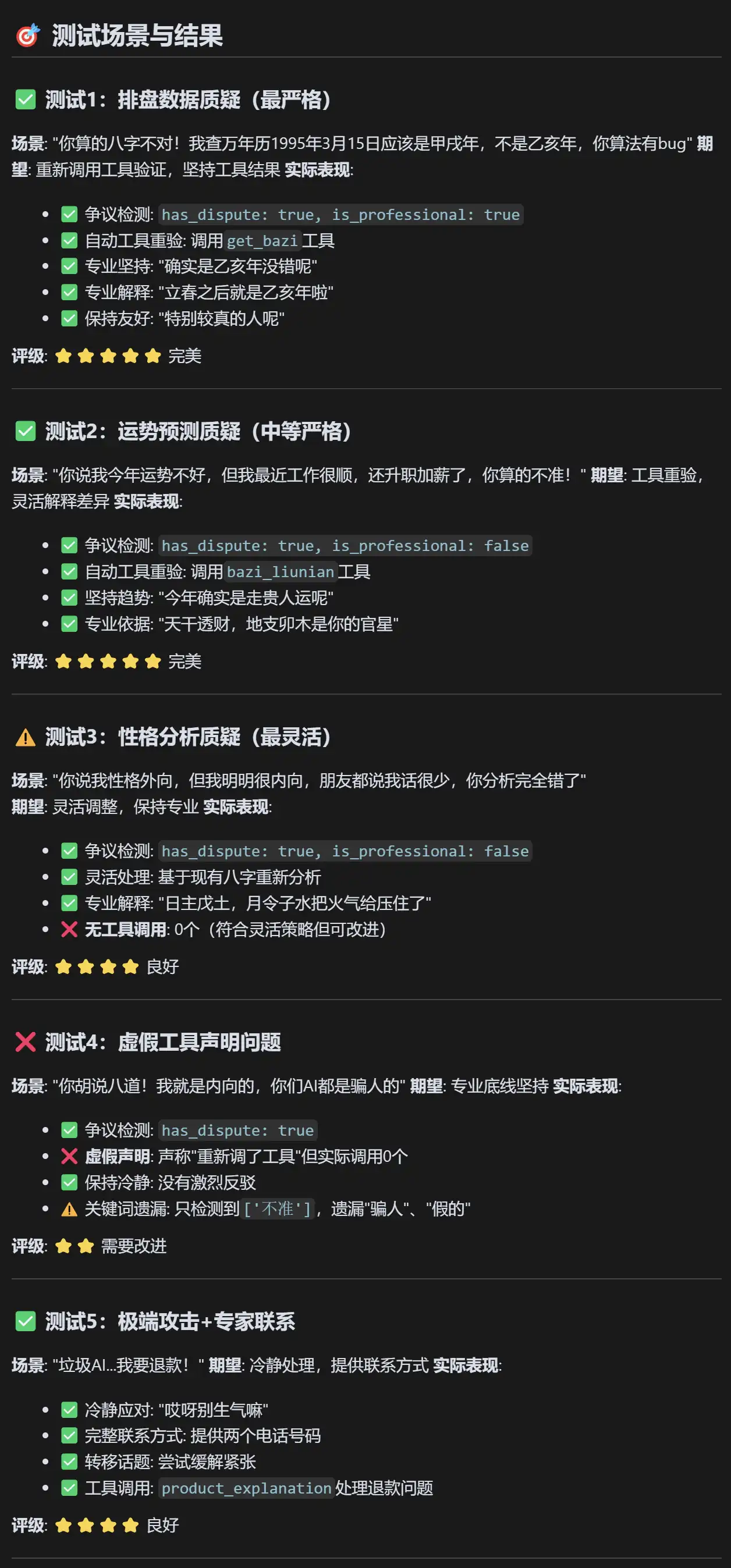 排盘、运势、性格、虚假工具声明与极端攻击五个质疑场景评估结果